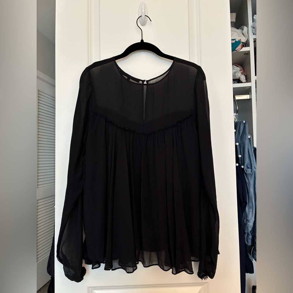 7 For All Mankind Silk Chiffon Black Cheer Long Sleeve Blouse Shirt Top